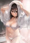  1girl after_bathing arms_up bangs black_hair blush bra breasts cleavage commentary_request commission drying duplicate eyebrows_visible_through_hair haguro_(kancolle) hair_between_eyes kantai_collection large_breasts looking_at_viewer orange_eyes panties pixel-perfect_duplicate see-through short_hair skeb_commission smile solo toka_(marchlizard) towel towel_on_head underwear wet white_bra white_panties 