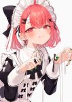  :3 :q ahoge bandaged_fingers bandaged_neck bandages bangs black_bow black_dress black_ribbon blush bow claw_pose dress dress_bow ear_piercing green_nails hair_bow hair_ornament hair_ribbon highres juliet_sleeves kanase_(mcbrwn18) long_sleeves looking_at_viewer maid maid_headdress nijisanji panda_earrings piercing pink_eyes pink_hair puffy_sleeves ribbon sasaki_saku short_hair sleeve_cuffs tongue tongue_out triangle_hair_ornament upper_body white_background x_hair_ornament 