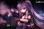  1girl alternate_costume artist_name azur_lane black_gloves blush breasts cleavage commentary elbow_pads english_commentary eyebrows_visible_through_hair gloves grenade_launcher grenville_(azur_lane) large_breasts long_hair lumineko midriff navel pun purple_hair red_eyes very_long_hair weapon x-com xcom_2 
