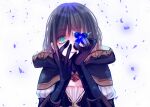  1boy :o bangs black_butterfly black_gloves brown_hair brown_hood bug butterfly covering_one_eye gloves glowing green_eyes gretel_(sinoalice) hair_between_eyes insect long_sleeves looking_at_viewer open_mouth otoko_no_ko short_hair simple_background sinoalice solo towada-san_(thank39) white_background 
