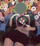  1girl backlighting bead_necklace beads black_shorts blurry blurry_background circle closed_mouth colored_skin cowboy_shot darkness depth_of_field disembodied_head donut_hole_(vocaloid) doughnut eyelashes face faceless faceless_female facepaint fingernails flat_chest food food-themed_background goggles goggles_on_head green_eyes green_hair green_jacket green_nails gumi hand_on_own_shoulder hand_on_own_stomach hand_up highres hole_in_chest hole_on_body jacket jewelry looking_at_viewer muted_color necklace open_clothes open_jacket serious shirt short_hair shorts solo soyaka surreal tsurime vocaloid white_shirt white_skin 