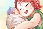  2girls baby bang_dream! child closed_eyes commentary_request green_sweater highres holding_baby hug medium_hair multiple_girls nichiju_(you) open_mouth purple_hair red_hair ribbed_sweater short_hair siblings sisters sleeveless sleeveless_sweater smile sweater udagawa_ako udagawa_tomoe younger 