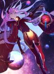  1girl blue_hair bodysuit breasts cloak facial_mark fate/grand_order fate_(series) forehead_mark fur-trimmed_cloak fur_trim highres horns ishtar_(fate)_(all) long_hair looking_at_viewer multicolored_hair orange_bodysuit pink_hair red_bodysuit red_cloak ringed_eyes small_breasts solo space space_ishtar_(fate) spikes star-shaped_pupils star_(symbol) swdrk symbol-shaped_pupils two-tone_hair two_side_up very_long_hair yellow_eyes 