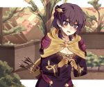  1girl arrow_(projectile) artist_name bangs bernadetta_von_varley blush bow breasts capelet cleavage commentary dress earrings eine_(eine_dx) english_commentary eyebrows_visible_through_hair fingers_together fire_emblem fire_emblem:_three_houses gloves grey_eyes hair_between_eyes hair_bow highres jewelry medium_breasts open_mouth outdoors purple_bow purple_dress purple_gloves purple_hair quiver short_hair short_hair_with_long_locks solo tree two-tone_gloves wavy_mouth yellow_capelet yellow_gloves 