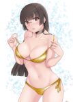  1girl absurdres bangs bikini black_hair blunt_bangs breasts brown_hair choker choukai_(kancolle) cleavage commentary_request contrapposto glasses gold_bikini gold_swimsuit highres jousanrou kantai_collection large_breasts long_hair red_eyes rimless_eyewear shiny shiny_swimsuit side-tie_bikini solo standing swimsuit 