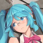  1girl bangs blue_eyes blue_hair blush bow bowtie eyebrows_visible_through_hair glasses hair_between_eyes hatsune_miku highres long_hair looking_to_the_side makinoatorie parted_lips portrait red_bow red_neckwear rimless_eyewear shiny shiny_hair sleeveless solo twintails vocaloid wing_collar 