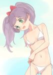  1girl bangs bikini blush breasts green_eyes groin halterneck highres hyakumangoku_masurao long_hair manaka_lala navel open_mouth partially_visible_vulva pretty_(series) pripara purple_hair side-tie_bikini simple_background small_breasts solo string_bikini swimsuit twintails tying white_bikini 