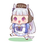  1girl :3 :d animal_ears bangs blue_shirt blunt_bangs blush bow bowtie chibi full_body gold_ship_(umamusume) grey_hair horse_ears horse_tail long_hair miniskirt open_mouth pillbox_hat pleated_skirt puffy_short_sleeves puffy_sleeves purple_bow purple_eyes purple_neckwear school_uniform shirt short_sleeves simple_background skirt smile solo standing standing_on_one_leg tail takato_kurosuke tracen_school_uniform umamusume white_background white_skirt 