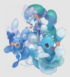  :d arms_up beads blue_eyes brionne closed_eyes commentary_request eyelashes fang gen_7_pokemon head_tilt highres kikuyoshi_(tracco) looking_at_viewer no_humans one_eye_closed open_mouth pokemon pokemon_(creature) popplio primarina signature smile tongue white_eyelashes 