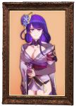  1girl absurdres armor bangs breasts bridal_gauntlets cepsone cleavage closed_mouth commentary english_commentary eyebrows_visible_through_hair flower genshin_impact hair_flower hair_ornament highres japanese_clothes kimono large_breasts long_hair long_sleeves looking_at_viewer mole mole_under_eye picture_frame purple_eyes purple_flower purple_hair raiden_(genshin_impact) ribbon sash shoulder_armor simple_background solo tassel thighhighs white_background wide_sleeves 