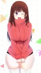  1girl breast_squeeze breasts brown_hair clothes_pull commission happy highres large_breasts one_eye_closed open_mouth original purple_eyes red_sweater short_shorts shorts smile solo sweater sweater_pull thighhighs turtleneck turtleneck_sweater white_legwear xiaodi 