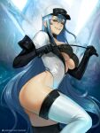  1girl adapted_costume akame_ga_kill! bangs black_bra black_gloves blue_eyes blue_hair boots bra breasts elbow_gloves esdeath floating_hair from_side gloves grin hair_between_eyes hat highleg highleg_leotard holding holding_whip large_breasts leotard long_hair looking_at_viewer military_hat nextoad shiny shiny_hair smile solo straight_hair thigh_boots thighhighs underboob underwear very_long_hair watermark web_address white_footwear white_headwear white_leotard 