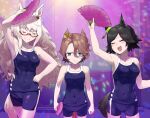  3girls animal_ears artist_request bandaid bandaid_on_cheek bare_shoulders biwa_hayahide_(umamusume) black_hair closed_eyes commentary_request covered_navel dancing disco ear_ornament glasses hair_ornament hairclip hand_fan highres horse_ears horse_girl horse_tail indoors long_hair multiple_girls narita_taishin_(umamusume) open_mouth red-framed_eyewear semi-rimless_eyewear short_hair swimsuit tail umamusume white_hair winning_ticket_(umamusume) 