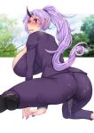  1girl ass blush breasts full-face_blush heavy_breathing high_ponytail highres horns huge_breasts light_purple_hair loafers long_hair niwatora oni_horns pants purple_eyes purple_nails purple_pants purple_suit pussy_juice pussy_juice_drip_through_clothes saliva shion_(tensei_shitara_slime_datta_ken) shoes solo sweat tears tensei_shitara_slime_datta_ken 