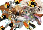  1boy absurdres arcanine belt black_gloves blonde_hair blue_eyes brown_belt brown_jacket claws crossover doublade dual_wielding facial_hair falinks fingerless_gloves fur-trimmed_jacket fur_trim gen_1_pokemon gen_6_pokemon gen_7_pokemon gen_8_pokemon gloves grin guilty_gear guilty_gear_strive highres holding jacket kommo-o leo_whitefang long_hair makai male_focus pants pokemon pokemon_(creature) simple_background smile weapon white_background white_pants 