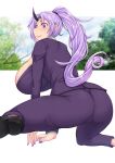  1girl ass blush breasts heart high_ponytail highres horns huge_breasts light_purple_hair loafers long_hair looking_at_viewer niwatora oni_horns pants purple_eyes purple_nails purple_pants purple_suit shion_(tensei_shitara_slime_datta_ken) shoes smile solo tensei_shitara_slime_datta_ken 