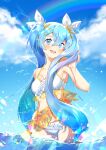  1girl :d bangs bikini blue_eyes blue_hair blue_sky blush bow breasts cleavage cloud collarbone cowboy_shot day floating_hair hair_between_eyes hair_bow hair_ornament hatsune_miku long_hair open_mouth outdoors shiny shiny_hair sky small_breasts smile solo sparkle standing summer suzuki_moeko swimsuit twintails very_long_hair vocaloid wading white_bikini white_bow 