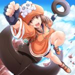  1girl :d anchor arm_up backpack bag bangs bike_shorts blue_sky brown_eyes brown_hair cabbie_hat clenched_hand cloud cloudy_sky fingerless_gloves fist_pump full_body gloves guilty_gear guilty_gear_strive hat highres jacket kitayama_miuki may_(guilty_gear) open_mouth orange_footwear orange_headwear orange_jacket pirate_hat shorts skull_and_crossbones sky smile solo upper_teeth 