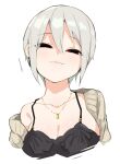  1girl black_dress black_eyes breasts cleavage closed_mouth dress grey_hair grey_jacket half-closed_eyes head_tilt idolmaster idolmaster_cinderella_girls jacket large_breasts looking_at_viewer off_shoulder shiomi_syuko short_hair simple_background smile smug solo takato_kurosuke upper_body white_background 