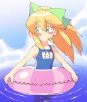  1girl blonde_hair blush_stickers bow cloud eyebrows_visible_through_hair food green_bow highres in_water inkerton-kun long_hair looking_to_the_side mega_man_(series) ponytail popsicle popsicle_stick roll_(mega_man) school_swimsuit solo swimsuit water 
