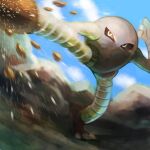  arm_up blurry claws cloud commentary_request day gen_1_pokemon hitmonlee kicking kikuyoshi_(tracco) outdoors pokemon pokemon_(creature) rock sky solo standing standing_on_one_leg 