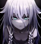  1girl absurdres bangs black_background blue_eyes braid breasts cleavage collarbone grey_shirt hair_between_eyes highres ia_(vocaloid) looking_at_viewer off_shoulder parted_lips shirt silver_hair small_breasts solo twin_braids upper_body vang_09 vocaloid 