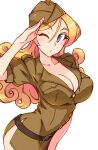  1girl blonde_hair blue_eyes blush breast_pocket breasts cleavage collarbone covered_nipples cowboy_shot curly_hair eyebrows_visible_through_hair forehead from_side hair_between_eyes hat hip_vent kusanagi_tonbo large_breasts long_hair military military_hat military_uniform no_bra one_eye_closed original perky_breasts pocket puckered_lips salute short_sleeves simple_background solo uniform white_background 