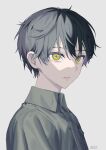  1boy absurdres black_hair commentary_request from_side green_eyes grey_background highres male_focus original parted_lips short_hair simple_background solo torino_kawazu upper_body very_short_hair 