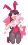  amagi_yukiko black_hair blush bottle closed_eyes cuffs drunk highres hime_cut holding holding_bottle inkerton-kun kneeling open_mouth persona persona_4 playboy_bunny red_footwear red_headwear sake_bottle simple_background sweatdrop white_background 