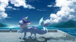  closed_mouth cloud day from_side full_body gen_1_pokemon highres iie_efg lens_flare looking_at_viewer looking_to_the_side no_humans outdoors paws pokemon pokemon_(creature) purple_eyes sky solo standing toes vaporeon water wet 