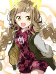  1girl :d bangs blonde_hair braid fang hair_between_eyes highres jacket komo_wan110 letterman_jacket little_red_riding_hood_(sinoalice) long_hair long_sleeves looking_at_viewer open_mouth reality_arc_(sinoalice) red_jacket simple_background sinoalice smile solo twin_braids white_background yellow_eyes 