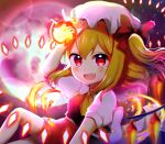  1girl :d absurdres ascot back_bow bangs blonde_hair blurry blurry_foreground blush bow breasts chromatic_aberration commentary_request crystal danmaku depth_of_field eyebrows_visible_through_hair feet_out_of_frame fire fireball flandre_scarlet full_moon hair_bow hand_up hat highres huge_filesize lens_flare long_hair looking_at_viewer mob_cap momo_(momo_o0524) moon one_side_up open_mouth puffy_short_sleeves puffy_sleeves pyrokinesis red_bow red_eyes red_skirt red_vest short_sleeves skirt small_breasts smile solo touhou upper_teeth vest white_bow white_headwear wing_collar wings yellow_neckwear 