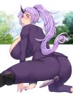  1girl ass blush breasts high_ponytail highres hitachi_magic_wand horns huge_breasts light_purple_hair loafers long_hair niwatora oni_horns pants purple_eyes purple_nails purple_pants purple_suit sex_toy shion_(tensei_shitara_slime_datta_ken) shoes solo tensei_shitara_slime_datta_ken vibrator 