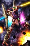  beam_rifle beam_saber cable energy_gun explosion glowing glowing_eye gun gundam highres holding holding_gun holding_sword holding_weapon hyaku_shiki mecha mobile_suit no_humans red_eyes science_fiction solo sword weapon youiki zeta_gundam 