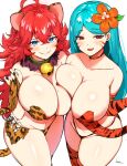  2girls absurdres animal_ears animal_print asymmetrical_docking bangs bell bikini black_nails blue_eyes blue_hair blush breast_press breasts cat_ears cat_tail cheetah_print choker cleavage crossed_bangs elbow_gloves english_commentary facial_mark fang flower fur_trim gloves grin hair_between_eyes hair_flower hair_ornament highres huge_breasts long_hair looking_at_viewer meettheton mole mole_on_breast multiple_girls nail_polish neck_bell open_mouth orange_flower original red_eyes red_hair signature simple_background smile swimsuit tail take_your_pick thighhighs tiger_print white_background 