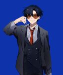  1boy absurdres black_hair black_jacket blue_background collared_shirt commentary_request earrings grin guu_(guu8) hand_up highres jacket jewelry long_sleeves looking_at_viewer male_focus necktie open_clothes open_jacket original parted_lips red_neckwear shirt short_hair simple_background smile solo sunglasses tinted_eyewear upper_body very_short_hair waistcoat white_shirt yellow_eyes 
