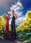 1boy 1girl :d absurdres askgcom black_footwear black_pants black_vest blue_eyes blue_sky boots brown_hair china_dress chinese_clothes cloud couple day dress eye_contact flower full_body gintama hand_in_pocket hat highres huge_filesize kagura_(gintama) knee_boots long_dress looking_at_another okita_sougo open_mouth orange_hair outdoors pants red_dress shirt short_hair side_slit sky sleeveless sleeveless_dress sleeves_rolled_up smile standing sun_hat sunflower vest white_shirt yellow_flower 