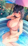  1girl beach_umbrella bikini black_hair blush breasts cleavage collarbone fence highres kantai_collection large_breasts looking_at_viewer miyako_(00727aomiyako) navel parted_lips plaid plaid_bikini pool red_eyes short_hair sitting solo swimsuit umbrella wading wading_pool yamashiro_(kancolle) yokozuwari 