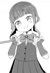  1girl bob_cut bow bowtie braid clenched_hands commentary_request fingerless_gloves gloves greyscale kantai_collection looking_at_viewer monochrome nassukun pleated_skirt remodel_(kantai_collection) school_uniform short_hair short_hair_with_long_locks short_sleeves sidelocks skirt smile solo takanami_(kancolle) thick_eyebrows vest 