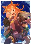  1girl animal_ears belt blue_sky breasts brown_eyes commentary dog_tags ear_ribbon green_jacket horse_ears horse_girl horse_tail jacket long_hair looking_at_viewer looking_down mayano_top_gun_(umamusume) open_mouth orange_hair panda_inu shorts sky solo tail thighhighs umamusume underboob 