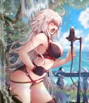  1girl ahoge bikini black_bikini black_choker black_gloves breasts choker closed_eyes fate/grand_order fate_(series) gloves highres jeanne_d&#039;arc_(alter_swimsuit_berserker)_(fate) jeanne_d&#039;arc_(fate)_(all) large_breasts long_hair microphone_stand o-ring o-ring_bikini o-ring_bottom ru_251 silver_hair single_glove solo standing swimsuit thigh_strap very_long_hair 