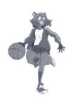  1girl :d animal_ears basketball blue_hair body_fur brand_new_animal full_body furry furry_female greyscale highres jacket kagemori_michiru leiana_nitura monochrome open_mouth raccoon_ears raccoon_girl shirt short_hair shorts simple_background smile solo tail tanuki track_jacket 