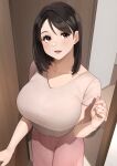  1girl bangs black_hair blush bra_through_clothes breasts brown_eyes brown_hair commentary_request highres indoors large_breasts lips long_hair looking_at_viewer mature_female open_mouth original pov_doorway reward_available sakura_no_tomoru_hi_e see-through shirt short_sleeves skirt smile solo t-shirt 