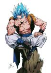  1boy bangs blue_eyes blue_hair crossed_legs dated dragon_ball dragon_ball_super dragon_ball_super_broly gogeta hair_between_eyes head_rest male_focus metamoran_vest muscular muscular_male pectorals rock shin_(sinsin12121) signature simple_background sitting sleeveless solo spiked_hair super_saiyan super_saiyan_blue white_background 