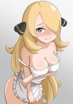  1girl apron arm_under_breasts blonde_hair blush breasts cleavage closed_mouth cynthia_(pokemon) grey_background grey_eyes hair_ornament hair_over_one_eye heart heart-shaped_pupils highres large_breasts long_hair looking_at_viewer naked_apron pokemon pokemon_(game) pokemon_dppt ppmmkoko360 smile solo strap_slip symbol-shaped_pupils very_long_hair wavy_mouth 