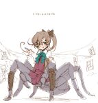  1girl :q akigumo_(kancolle) arachne arthropod_girl blue_bow blue_neckwear blush bow bowtie brown_bow dress fountain_pen green_eyes hair_bow highres holding holding_pen kantai_collection long_sleeves looking_at_viewer monster_girl monsterification pen ponytail pun red_dress shirt smile solo spider_girl tarantula taur tongue tongue_out translated white_shirt z-ton 
