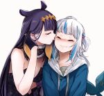  2girls bangs black_gloves blue_hoodie blush closed_eyes closed_mouth collarbone commentary diamond_hairband eyebrows_visible_through_hair fish_tail fur-trimmed_choker gawr_gura gloves hair_ornament headpiece hololive hololive_english hood hoodie licking licking_cheek licking_face light_blue_hair long_hair mole mole_under_eye multicolored_hair multiple_girls ninomae_ina&#039;nis pointy_ears purple_hair shark_hair_ornament shark_tail simple_background smile split_mouth tail tentacle_hair upper_body virtual_youtuber white_background white_hair yuri yuuyu_(777) 