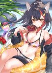  1girl animal_ears bangs bikini black_hair black_jacket blush breasts choker cleavage cocktail_umbrella cup dolphin_shorts drinking_glass drinking_straw eating eyebrows_visible_through_hair food hair_ornament hairclip highres holding holding_food hololive ice_cream_bar innertube jacket long_hair medium_breasts mismatched_bikini multicolored_hair navel off_shoulder official_alternate_costume ookami_mio ponytail pool popsicle red_hair shiro_hebi_rei shorts sitting solo streaked_hair swimsuit tail thigh_strap two-tone_hair virtual_youtuber water wet wolf_ears wolf_girl wolf_tail yellow_eyes 