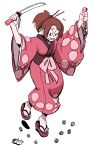  1girl absurdres arms_up brown_eyes brown_hair cat cat_teaser dice feet full_body fuu hair_ornament highres holding holding_sheath holding_sword holding_weapon japanese_clothes kimono leiana_nitura long_sleeves looking_down pink_kimono ponytail samurai_champloo sandals sheath skull solo standing sweatdrop sword teeth waist_bow weapon worried 