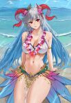  1girl alternate_costume armlet bangs bare_shoulders beach bikini blue_hair breasts cleavage collarbone commentary covered_nipples curled_horns dated english_commentary eyebrows_visible_through_hair fire_emblem fire_emblem_heroes flower flower_necklace freyja_(fire_emblem) gradient_hair grey_hair hair_flower hair_ornament head_tilt highres horns jewelry large_breasts long_hair looking_at_viewer multicolored_hair navel necklace ocean pelvic_curtain red_eyes red_horns sendrawz signature sitting smile solo stomach swimsuit very_long_hair water white_bikini white_swimsuit 
